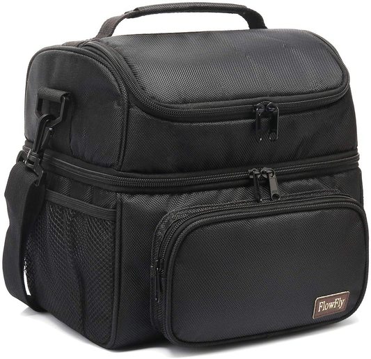 Rynx | Flowfly Adult Lunch Bag Insulated 2 Spacious Compartments Thermal Lunch Box Large Reusable Double-Decker Tote Cooler Bag With Removable Shoulder Strap For Men Women Children, Black