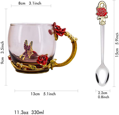Rynx | Luka Tech Enamel Butterfly Flower Lead-free Glass Coffee Cups Tea Cup with Steel Spoon, Personal Gifts for Women Wife Mom Girl Teacher Friends Birthday Mother's Valentine's Day Wedding (Pink)