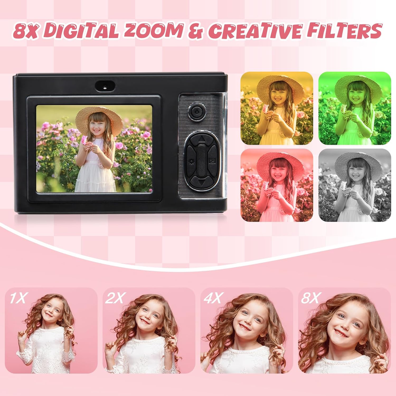 Rynx | 1080P Kids Camera with 32GB Card, 48MP 8X Zoom Digital Point-and-Shoot Camera