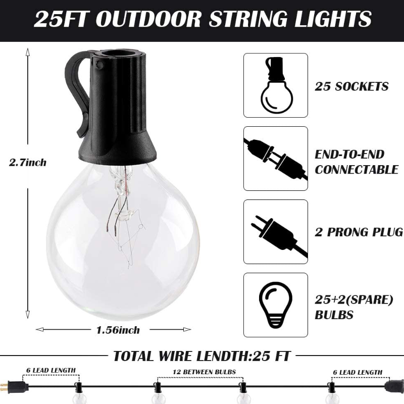 Rynx | 25Ft Waterproof Globe Patio Hanging Lights With 27 Edison Clear Bulbs