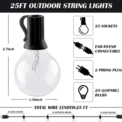 Rynx | 25Ft Waterproof Globe Patio Hanging Lights With 27 Edison Clear Bulbs