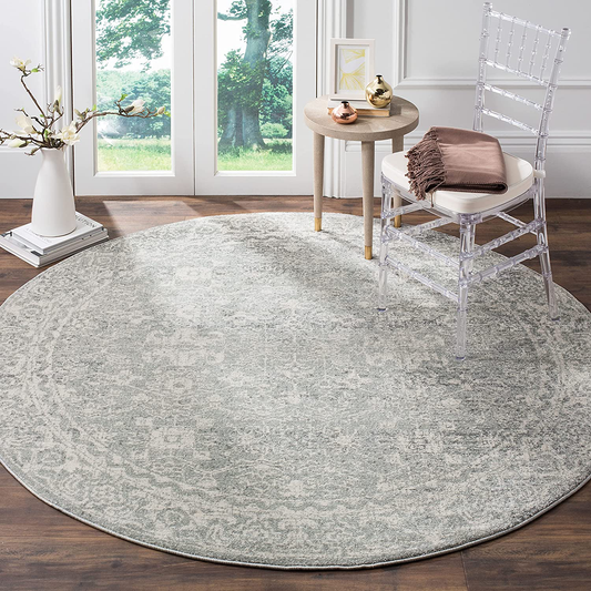 Rynx | Safavieh Evoke Collection EVK270Z Shabby Chic Distressed Non-Shedding Stain Resistant Living Room Bedroom Area Rug, 3' x 3' Round, Silver / Ivory