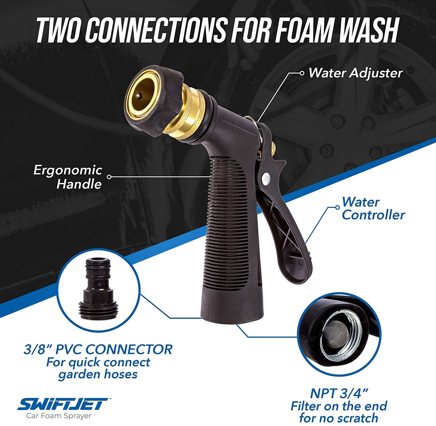 Rynx | SwiftJet Car Wash Foam Cannon Sprayer with Microfiber Wash Mitt - Adjustable Water Pressure & Soap Ratio - Foam Cannon Attaches to Any Garden Hose (Foam Sprayer with Wash Mitt)