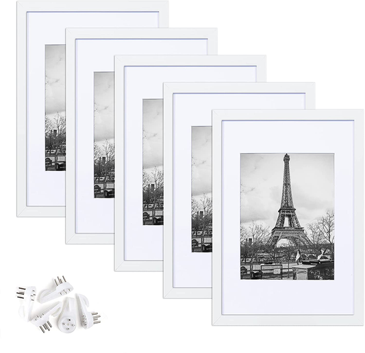 Rynx | Upsimples 8x12 Picture Frame Set of 5, Show Pictures 6x8 With Mat or 8x12 Without Mat, Wall Gallery Photo Frames, White