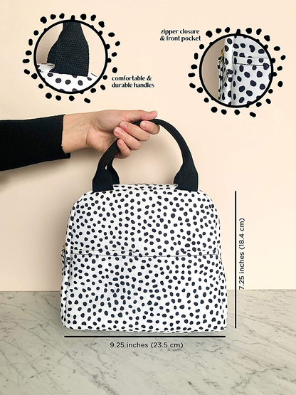Rynx | Steel Mill & Co Lite Insulated Lunchbox, Large Capacity Reusable Cooler Tote With Zipper Closure, Pockets, Sturdy Handle, Black Dots