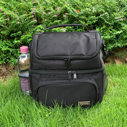 Rynx | Flowfly Double Layer Cooler Insulated Lunch Bag Adult Lunch Box Large Tote Bag For Men, Women, With Adjustable Strap, Front Pocket And Double Large Mesh Side Pockets, Navy Blue
