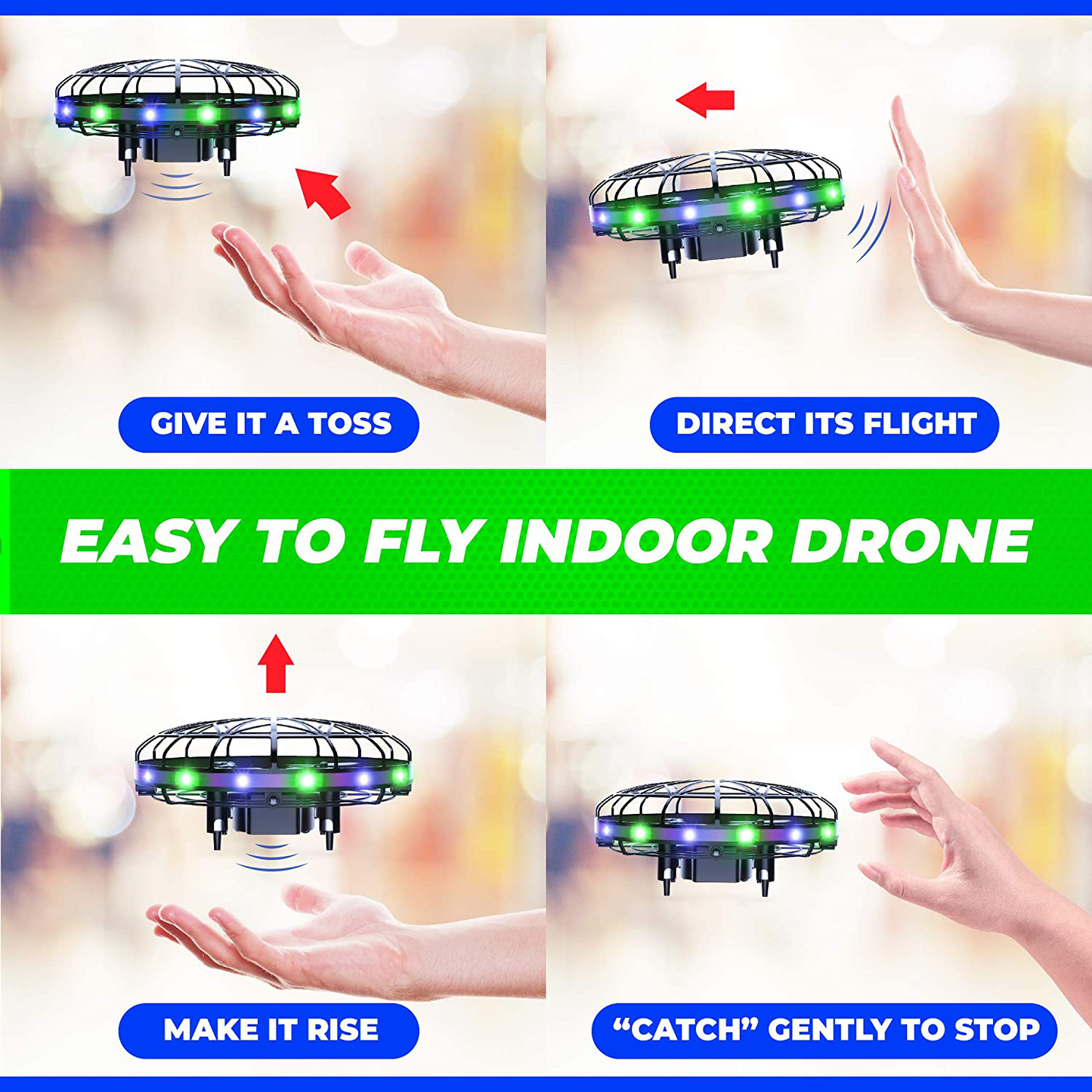 Rynx | Force1 Scoot LED Handheld Drone for Kids or Adults - Hands-Free Motion Sensor Mini Drone, Easy Indoor Small UFO Toy Flying Ball Drone Toy for Boys and Girls (Green/Blue)