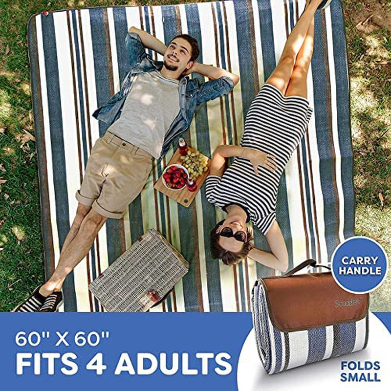 Rynx | Extra Large Picnic Blanket Double Layer for Outdoor Waterproof Practical Mat Tote Our Summer Blue and White Striped for the Beach, Camping on Grass