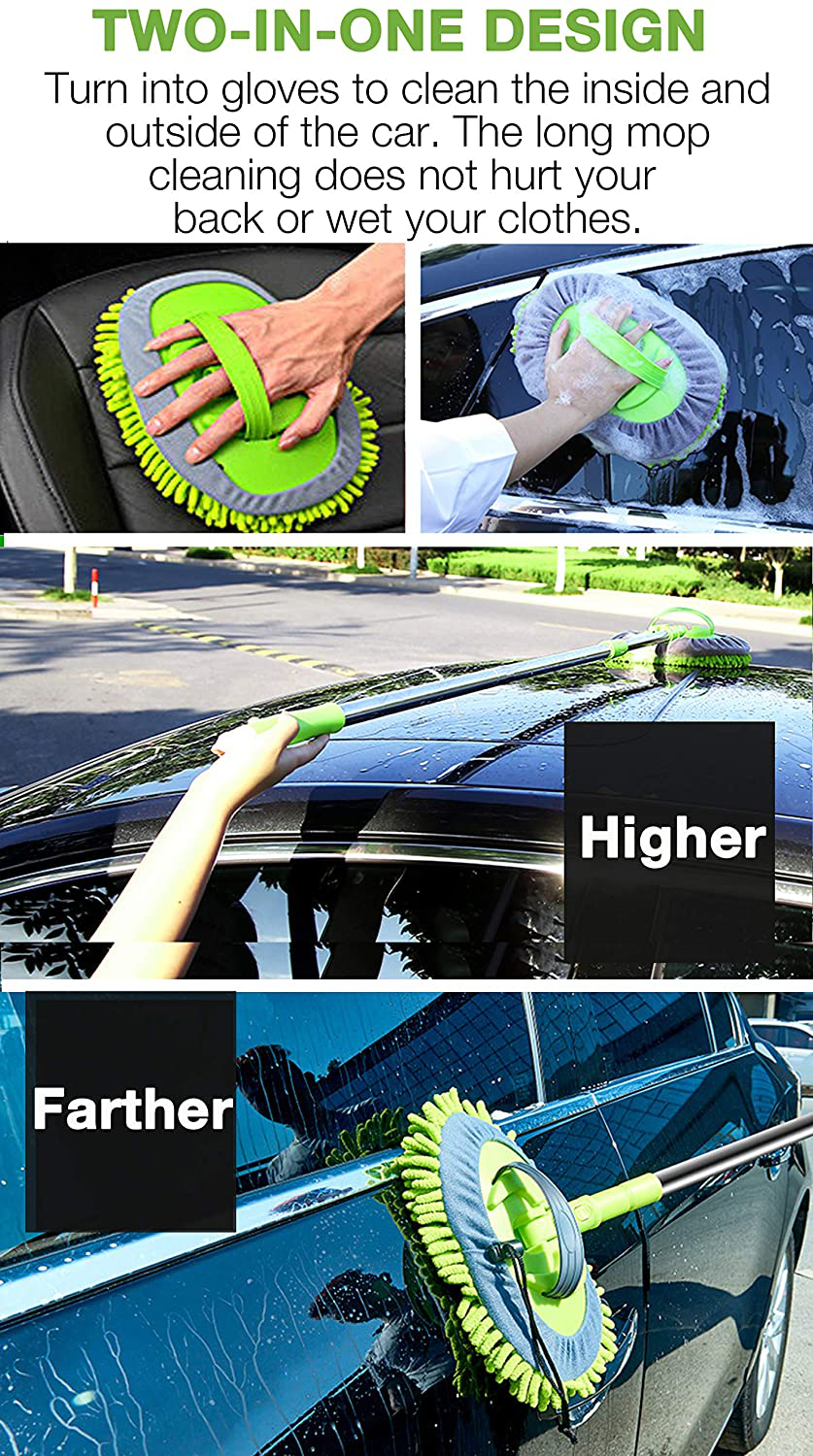 Rynx | Willingheart 47.5" Car Wash Brush Mop Cleaning Tool With Long Handle Kit For Washing Detailing Of Cars Trucks, Suv, Rv, Trailer, Boat 2 In 1 Chenille Microfiber Sponge Duster Does Not Damage The Paint Scratch Free