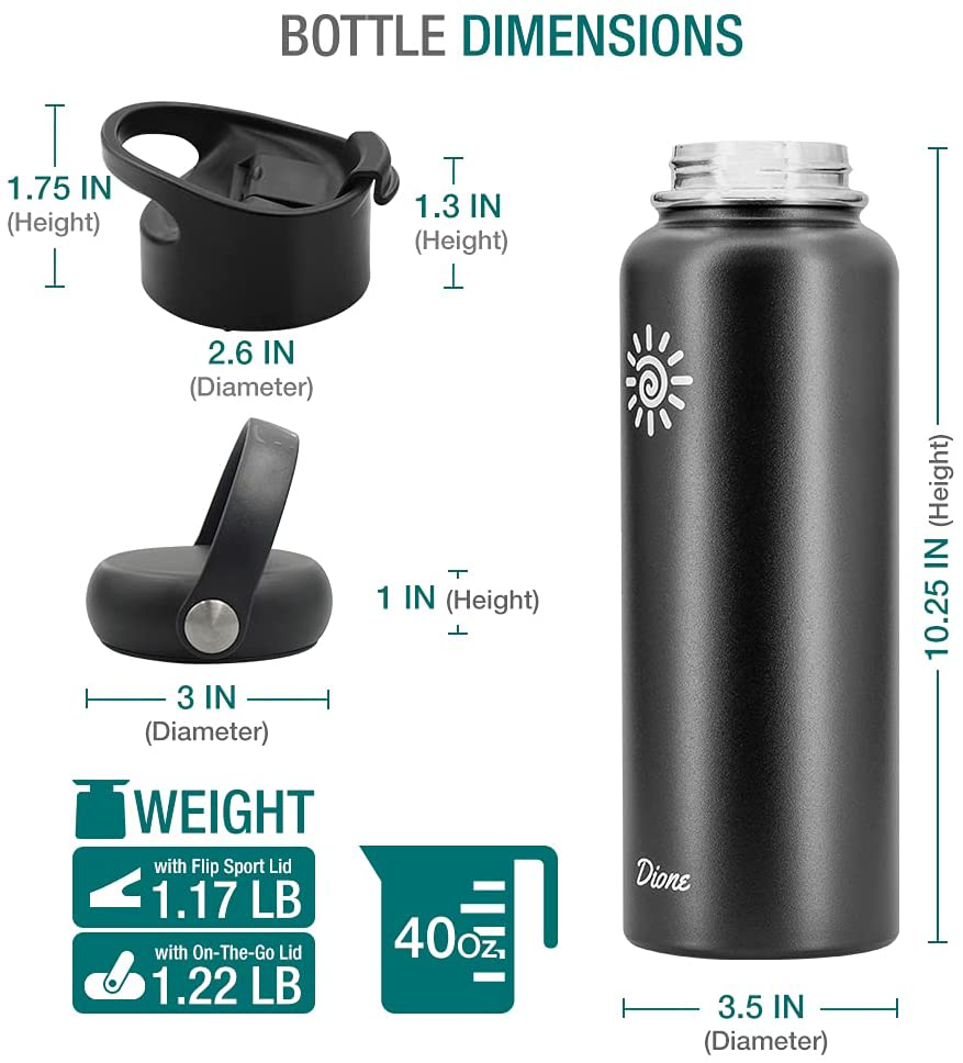 Rynx | Dione Water Bottle 40 oz. Bottle Double Wall Stainless Steel & Vacuum Insulated (Black) Sport Hydro Container for Home, Office, School, Outdoor Camping (Standard Mouth / Leak-proof / BPA-free Cap)