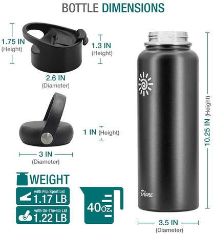 Rynx | Dione Water Bottle 40 oz. Bottle Double Wall Stainless Steel & Vacuum Insulated (Black) Sport Hydro Container for Home, Office, School, Outdoor Camping (Standard Mouth / Leak-proof / BPA-free Cap)