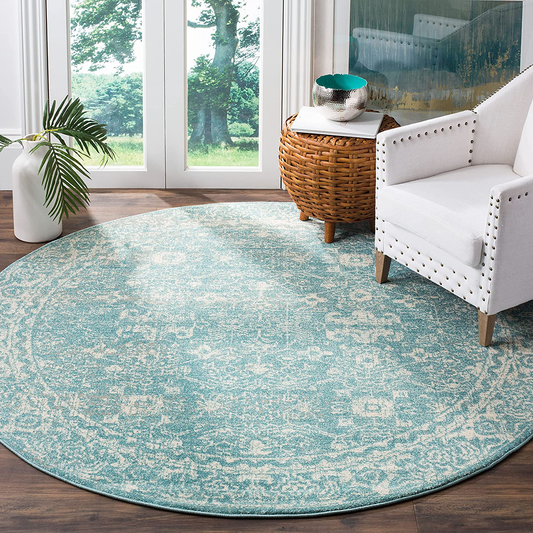 Rynx | Safavieh Evoke Collection Evk270d Shabby Chic Worn Non-Shedding Dining Room Entrance Foyer Living Room Bedroom Area Rug, 5'1" X 5'1" Round, Light Blue / Ivory