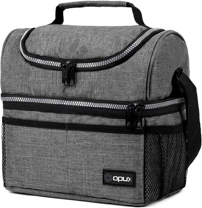 Rynx | Insulated Double-decker Lunch Box For Men, Women | Double Layer Reusable Cooler Lunch Box With Shoulder Strap, Leakproof Liner | Medium Lunch Box For School, Work, Office (Heather Gray) Heather Gray