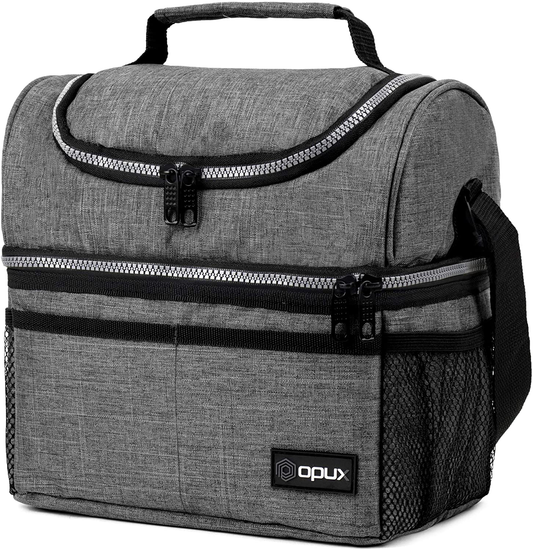 Rynx | Insulated Double-decker Lunch Box For Men, Women | Double Layer Reusable Cooler Lunch Box With Shoulder Strap, Leakproof Liner | Medium Lunch Box For School, Work, Office (Heather Gray) Heather Gray
