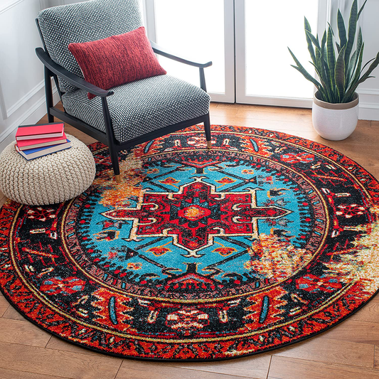 Rynx | Safavieh Vintage Hamadan Collection VTH211Q Oriental Traditional Persian Non-Shedding Stain Resistant Living Room Bedroom Area Rug 3' x 3' Round Red/Light Blue