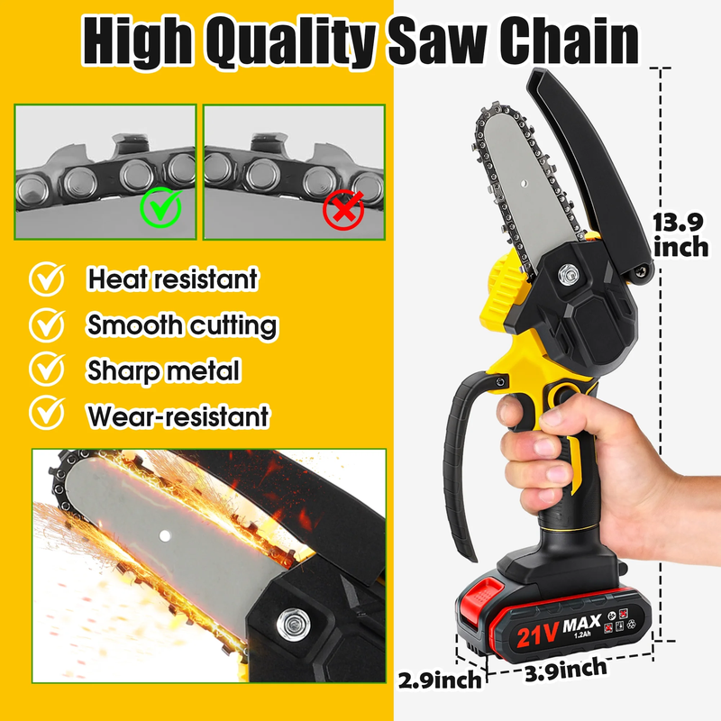 Rynx | 4 Inch Mini Chainsaw with 2 Batteries, Portable Wireless Lightweight Handheld Chainsaw