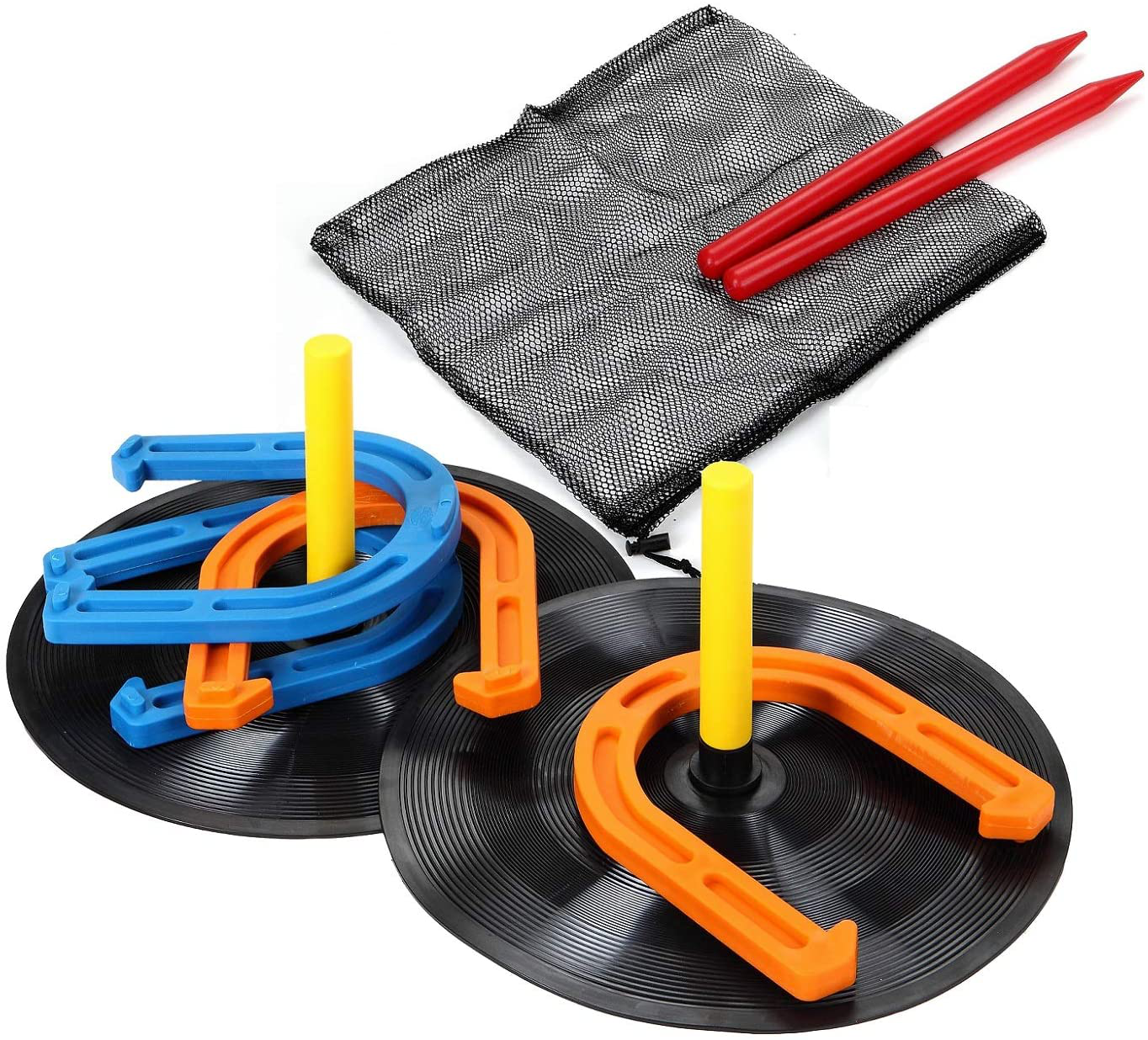 Rynx | Win SPORTS Outdoor Indoor Rubber Horseshoes Set Includes 4 Horseshoes, 2 Pegs, 2 Rubber Mats, 2 Red Plastic dowels, Beach Games Perfect for Tailgating, Camping, Backyard, Fun for Kids Adults