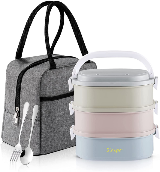 Rynx | Bento Box Adult Lunch Box, Slaipo Leak-proof Lunch Box Container Insulated Lunch Bag Fork Spoon, Portable Stackable Food Container Storage Boxes For Work School Camping, 3 Layers…