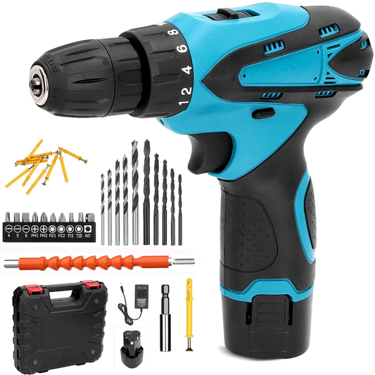 Rynx | 12V Wireless Drill with 42 Accessories with 3/8" Tool-less Chuck, 2 Speeds, 18+1 Positions, Built-in LED