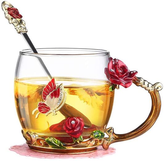 Rynx | Luka Tech Enamel Butterfly Flower Lead-free Glass Coffee Cups Tea Cup with Steel Spoon, Personal Gifts for Women Wife Mom Girl Teacher Friends Birthday Mother's Valentine's Day Wedding (Pink)
