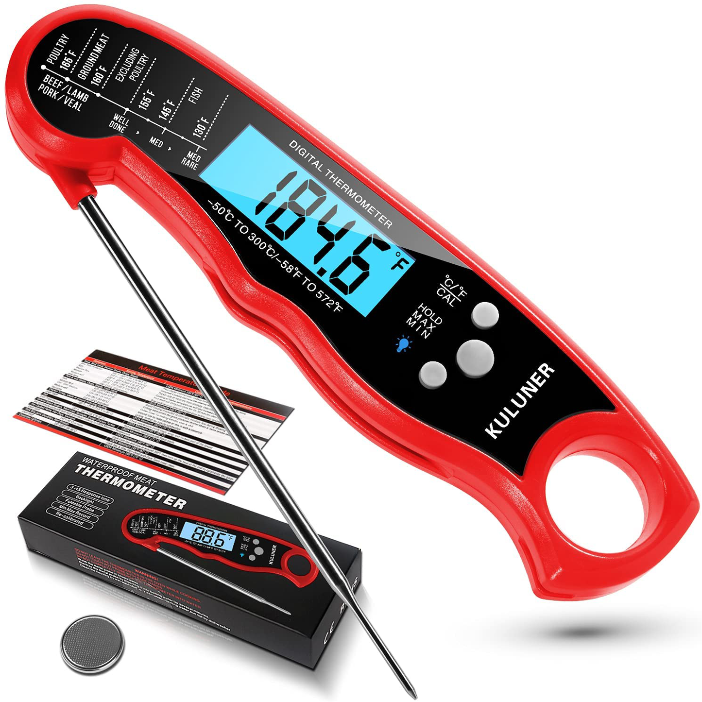 Rynx | KULUNER TP-01 Waterproof Digital Type Thermometer with 4.6” Foldable Probe Backlight & Calibration Function for Cooking Food Candy, BBQ Grill, Liquids, Beef (Red)