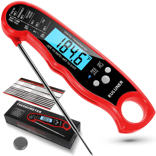 Rynx | KULUNER TP-01 Waterproof Digital Type Thermometer with 4.6” Foldable Probe Backlight & Calibration Function for Cooking Food Candy, BBQ Grill, Liquids, Beef (Red)