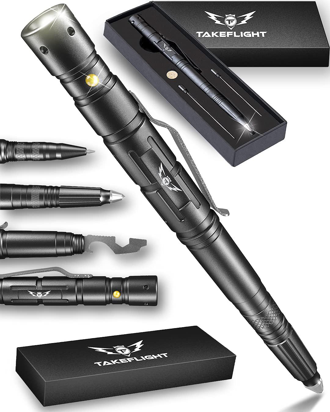 Rynx | TAKEFLIGHT Tactical Pen Survival Gear – Aviation Grade Aluminum LED Tactical Flashlight Multitool – Sturdy, Lightweight EDC Pen Survival Tool – Glass Breaker, Corkscrew, Screwdriver, Gift Box