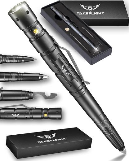 Rynx | TAKEFLIGHT Tactical Pen Survival Gear – Aviation Grade Aluminum LED Tactical Flashlight Multitool – Sturdy, Lightweight EDC Pen Survival Tool – Glass Breaker, Corkscrew, Screwdriver, Gift Box