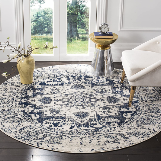 Rynx | Safavieh Madison Collection MAD603D Oriental Snowflake Medallion Distressed Non-Shedding Dining Room Entryway Foyer Living Room Bedroom Area Rug, 5'3" x 5'3" Round, Cream / Navy Blue