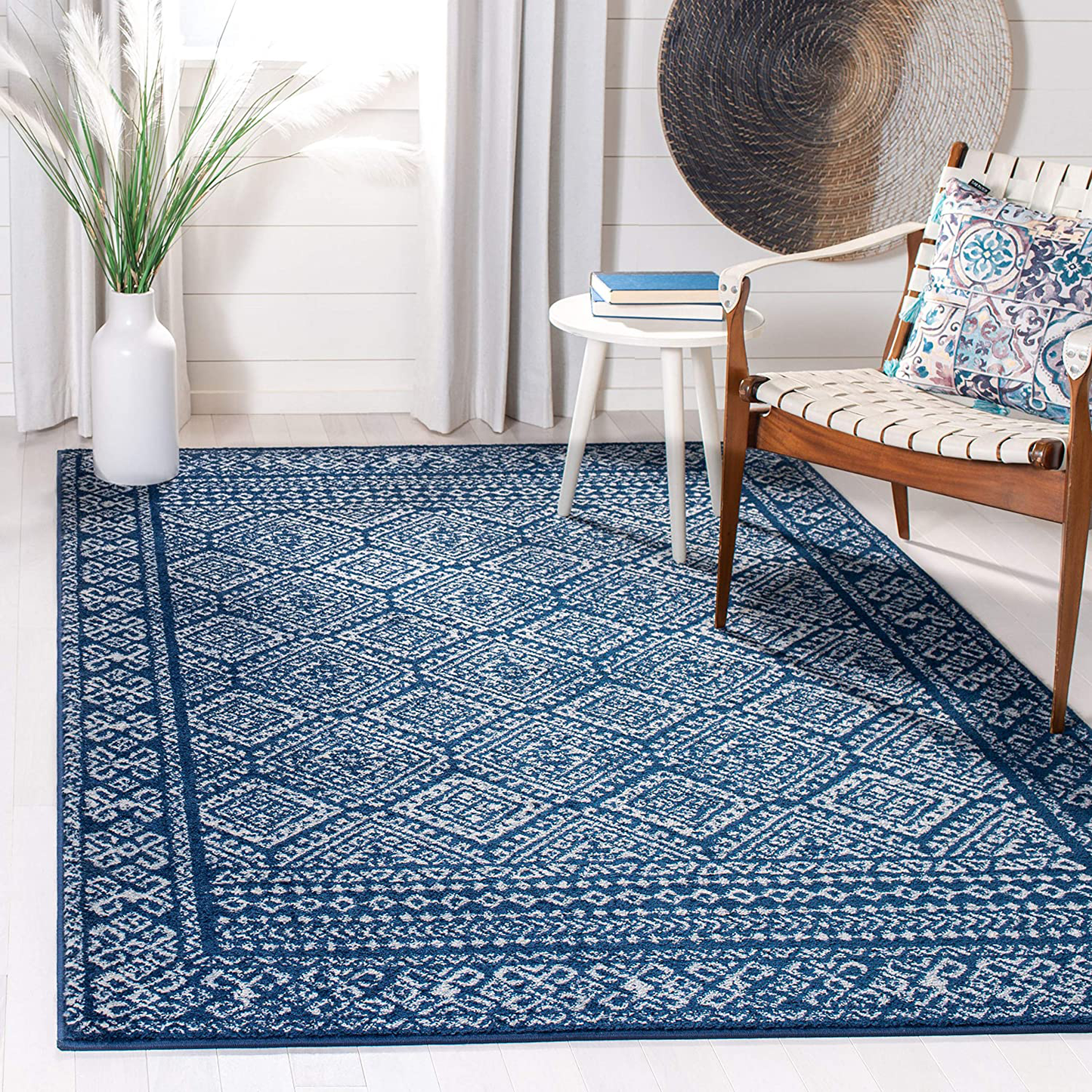 Rynx | Safavieh Tulum Collection TUL264N Moroccan Boho Distressed Non-Shedding Stain Resistant Living Room Bedroom Area Rug, 3' x 3' Square, Navy / Ivory