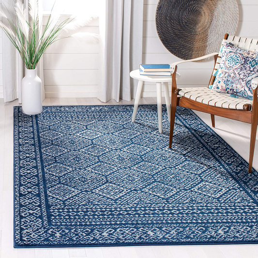 Rynx | Safavieh Tulum Collection TUL264N Moroccan Boho Distressed Non-Shedding Stain Resistant Living Room Bedroom Area Rug, 3' x 3' Square, Navy / Ivory