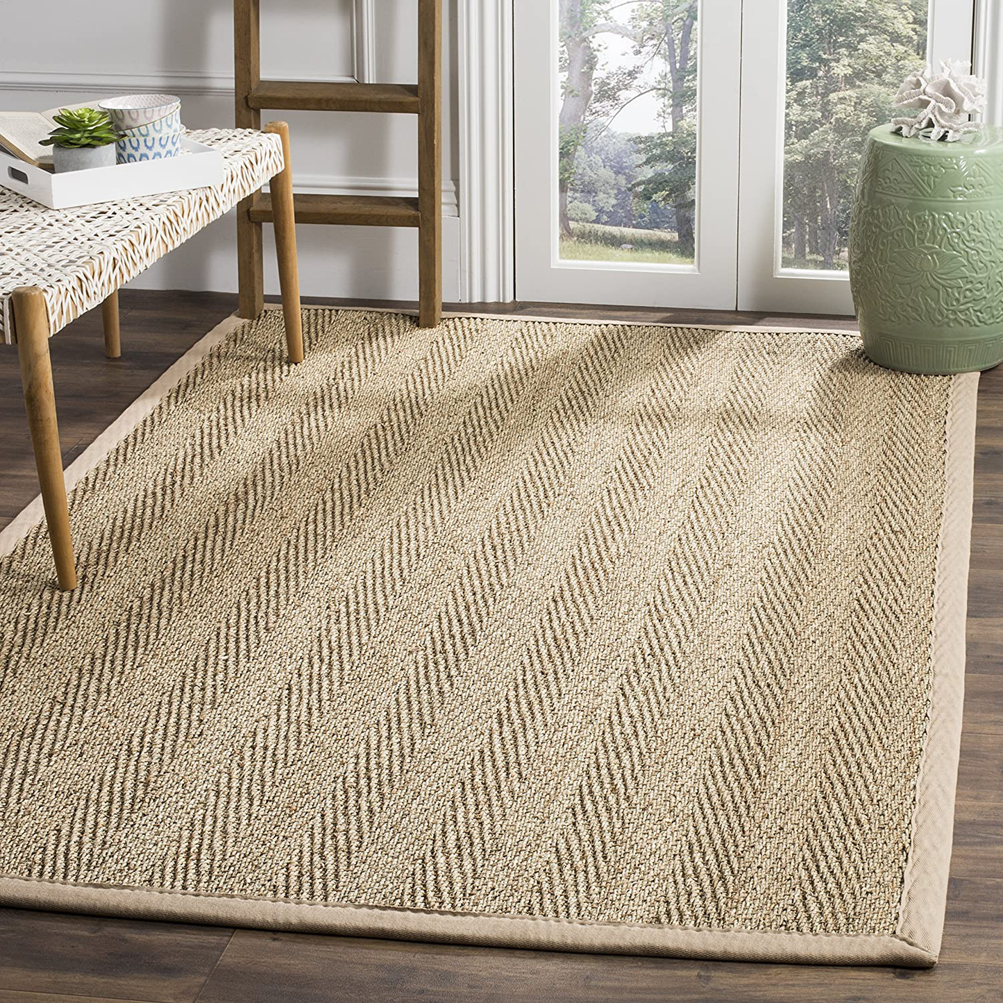 Rynx | Safavieh Natural Fiber Collection NF115A Border Herringbone Seagrass Area Rug, 3' x 5', Beige