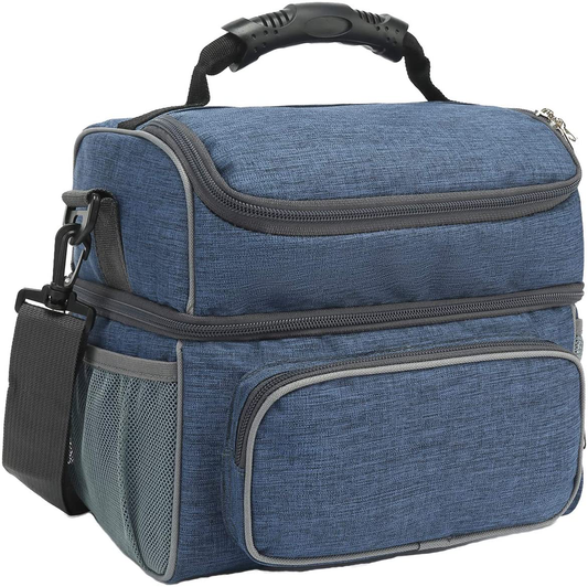 Rynx | Flowfly Double Layer Cooler Insulated Lunch Bag Adult Lunch Box Large Tote Bag For Men, Women, With Adjustable Strap, Front Pocket And Double Large Mesh Side Pockets, Navy Blue