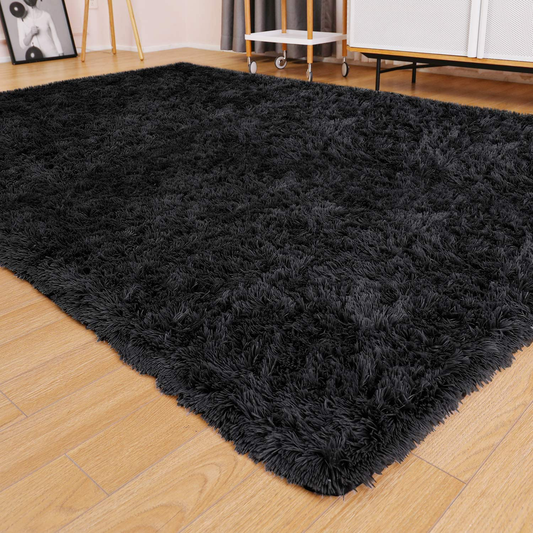 Rynx | Ophanie Black Rug for Bedroom, Naked Fuzzy Shaggy Furry Area Rug, Soft Plush Shag Bedspread, Indoor Floor Living Room Rug for Boys Teen Student Housing Home Decor Aesthetics, Children's Room, 4 x 5.3 Feet