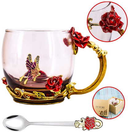 Rynx | Luka Tech Enamel Butterfly Flower Lead-free Glass Coffee Cups Tea Cup with Steel Spoon, Personal Gifts for Women Wife Mom Girl Teacher Friends Birthday Mother's Valentine's Day Wedding (Pink)