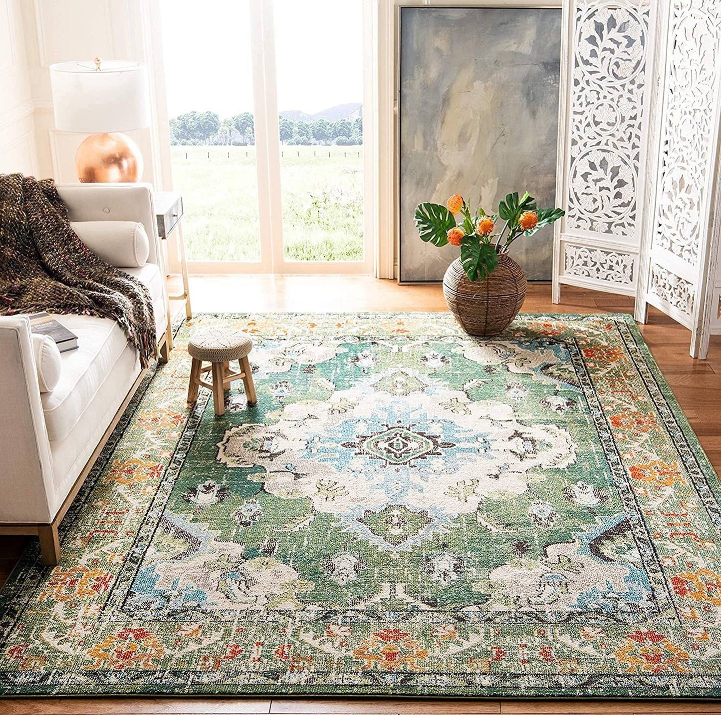 Rynx | Safavieh Monaco Collection Mnc243n Boho Chic Medallion Distressed Non-Shedding Stain Resistant Living Room Bedroom Area Rug, 3' X 3' Square, Navy Blue / Light Blue