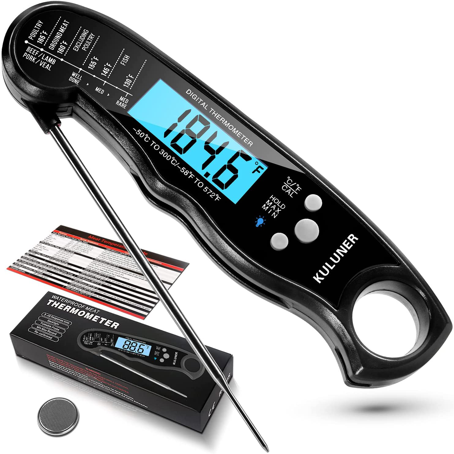 Rynx | KULUNER TP-01 Waterproof Digital Type Thermometer with 4.6” Foldable Probe Backlight & Calibration Function for Cooking Food Candy, BBQ Grill, Liquids, Beef (Red)