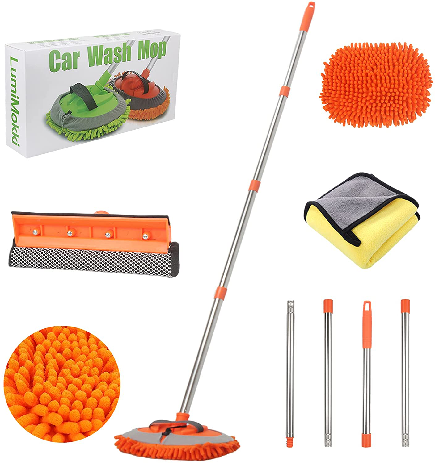 Rynx | 62" Car Wash Mop Kit, Car Wash Brush with Long Handle Stainless Steel Rod, Car Wash Kit Car Detailing Kit Car Wash Mop Mitt Car Cleaning Equipment Kit for RV Cars SUVs Trucks and Buses (Green)