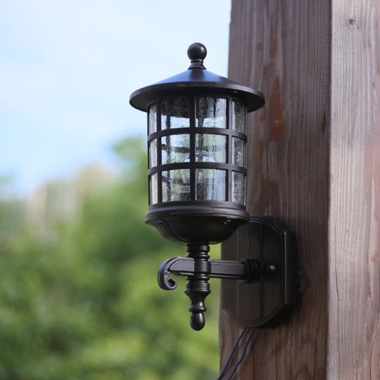 Rynx | 1-Light Wall Lighting Classic Lantern Clear Bubble/Broken Glass Wall Lamp in Dark Coffee for Courtyard