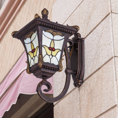Rynx | Bronze/Rust Red Curved Arm Wall Mounted Light Country Metal 1 Light Courtyard Wall Washer Lighting with Floral Pattern