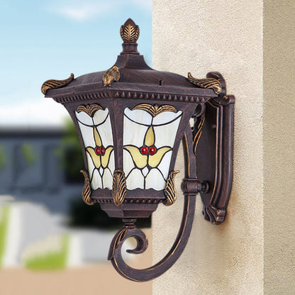 Rynx | Bronze/Rust Red Curved Arm Wall Mounted Light Country Metal 1 Light Courtyard Wall Washer Lighting with Floral Pattern