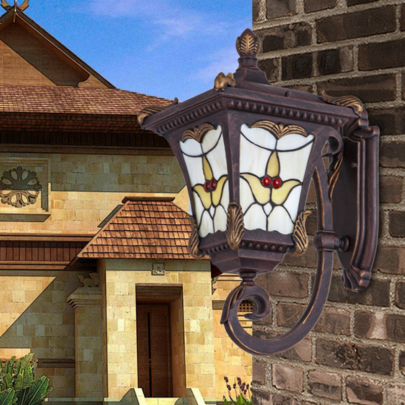Rynx | Bronze/Rust Red Curved Arm Wall Mounted Light Country Metal 1 Light Courtyard Wall Washer Lighting with Floral Pattern