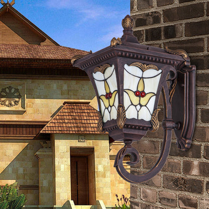 Rynx | Bronze/Rust Red Curved Arm Wall Mounted Light Country Metal 1 Light Courtyard Wall Washer Lighting with Floral Pattern
