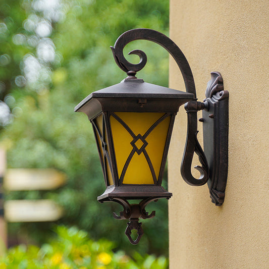 Rynx | 1-Bulb Yellow Glass Surface Wall Lamp Rustic Dark Coffee Lantern Outdoor Wall Lighting Ideas