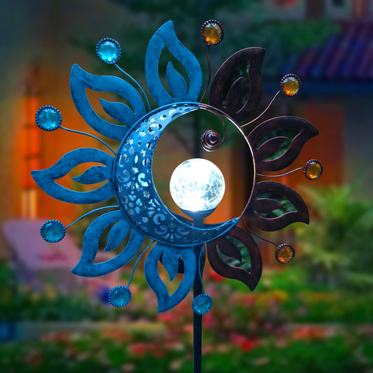 Rynx | Qobumy Sun Moon Sunlight Garden Support Outdoor Decoration, Sun Moon Cracked Glass Ball Sun Metal Support Light, Waterproof Le