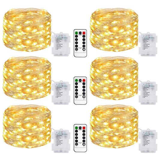 Rynx | 6 Pack 10M 100 Led Fairy Lights String Operated With Remote And Timer, Ip65 Waterproof Battery String Lights, 8 Modes Copper Wire Flashing Lights For Outdoor Indoor Bedroom Christmas Decoration