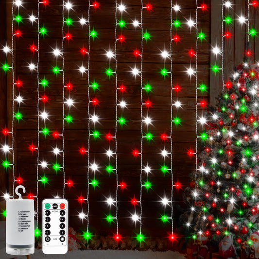 Rynx | Echosari Red White And Green Christmas Curtain Lights Battery Operated, 300 Led Fairy Curtain Lights 9.8Ft X 9.8Ft Hanging Lights With Remote Control Timer For Party Brightness Garden Yard Decor