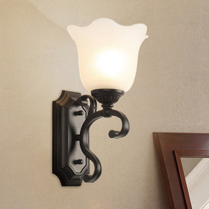 Rynx | Milk Glass Flower Wall Lamp Antique 1-Light Living Room Wall Light Fixture in Black