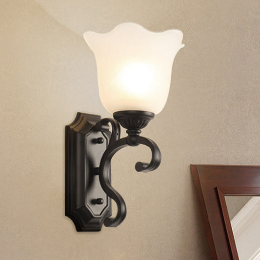 Rynx | Milk Glass Flower Wall Lamp Antique 1-Light Living Room Wall Light Fixture in Black