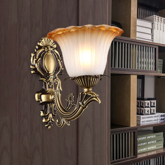 Rynx | Antique Flower Wall Lamp 1/2-Light Articulated White Glass Wall Lamp in Brass with Engraved Arm